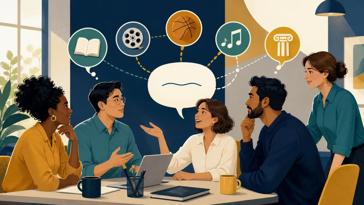 Coworkers connect books, film, sports, music, and history to a clear workplace conversation